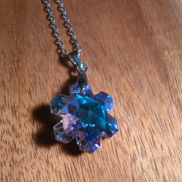 Mystic Color Crystal Snowflake Brass Pendant Stainless Steel Necklace - Picture 1 of 16